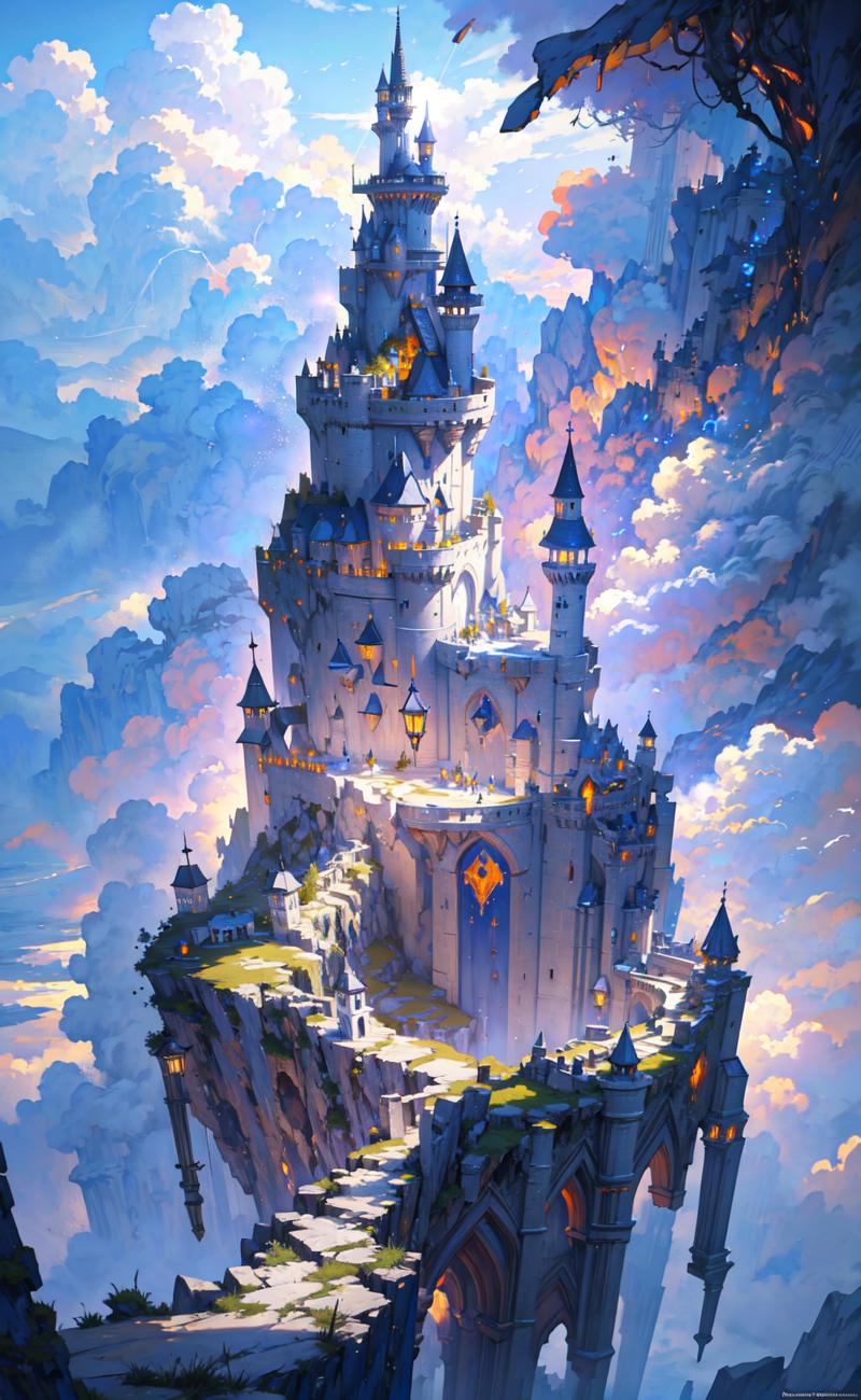 104534-1990678404-masterpiece, best quality, realistic fantasy illustration, wizard tower resting at a cliff, cloudy sky, volumetric lighting.png